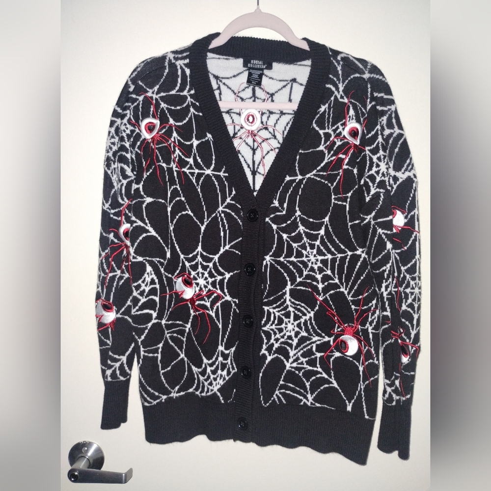 Hot Topic Black Cardigan with White Web and Red Spider Design